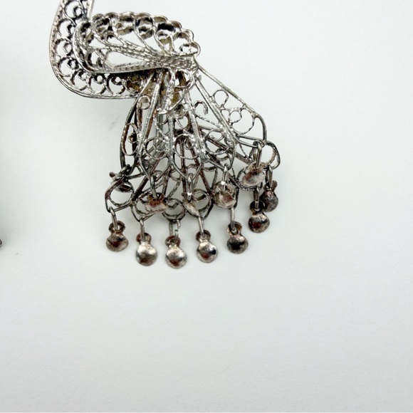 Vintage Silver Peacock Earring Screw Back Dangle Filigree - Picture 4 of 13